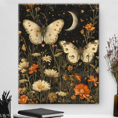 Imagem de Arte de parede em tela Wildflowers Dark Academia Butterfly Print Art Pintura Estética Imagem para decoração de parede de casa sala de estar quarto 20 x 25 cm