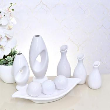 Imagem de Kit 9 Jarros Decorados Trio Vaso Ceramica Enfeite Centro Mesa Sala Enfeite Casa Rack Aparador Nicho Jarros Decorativos Para Sala(BRANCO LISO 9PÇS)
