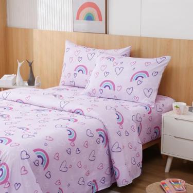 Imagem de Swiftify Jogo de lençol casal para crianças, com corações de arco-íris roxo, jogo de cama de 4 peças para meninos e meninas, roupa de cama de microfibra macia escovada, bolso profundo, resistente a