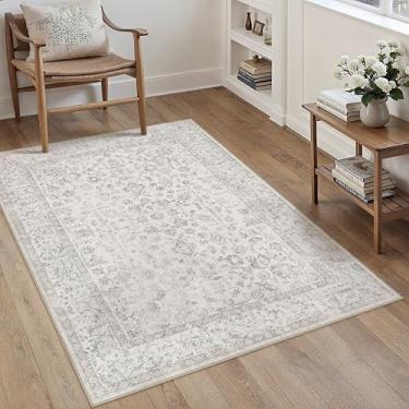 Imagem de PureCozy Tapete cinza 3x5 antiderrapante vintage para entrada de escritório envelhecido lavável à máquina tapete de cozinha tradicional retrô com detalhes florais para quarto, banheiro, sala de estar