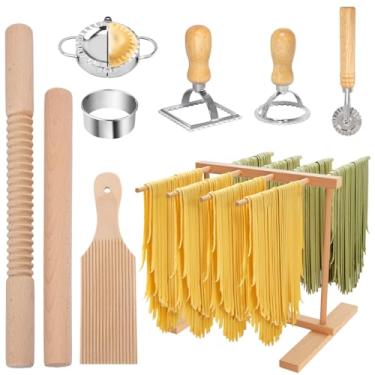 Imagem de Ferramentas para fazer massas, kit de fabricação de massa de madeira com suporte para secagem de massas, rolo de macarrão, placa de nhoque, acessórios para fazer macarrão para cortador de ravioli