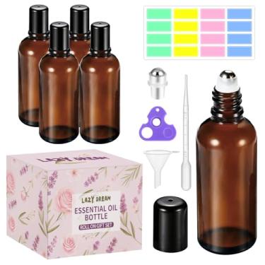Imagem de Lazy Dream Frascos de rolo para óleo essencial, frasco de vidro âmbar vazio para óleo de perfume, frascos de rolo com esferas de rolo de aço inoxidável, abridor, funil e conta-gotas para aromaterapia