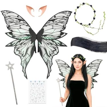 Imagem de MIRJXB Asas de fada para mulheres adultas, conjunto de fantasia de asas de fada com varinha mágica e orelhas de elfo, acessórios de fantasia para festa de Halloween, fantasia de fada feminina de 6