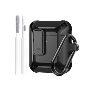 Imagem de Capa com trava para AirPods de 2ª/1ª geração, capa rígida militar completa protetora à prova de choque para Airpod iPod 2/1 Skin com kit de limpeza e chaveiro, preta