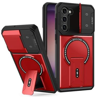 Imagem de Capa para Samsung Galaxy S23 com capa para câmera, capa magnética para celular com suporte, capa resistente à prova de choque com suporte, carteira embutida para cartão para Samsung S23 5G vermelha