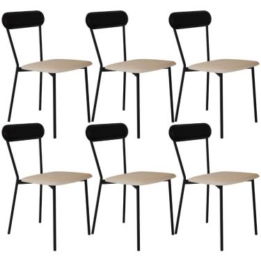 Imagem de Kit 06 Cadeiras Estofada Para Sala De Jantar Liora Preto C01 Linho Areia Courino Preto - Lyam Decor