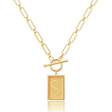 Imagem de Robaice Colar feminino banhado a ouro 14K, pingente de alfabeto personalizado com gravação inspiradora, corrente de clipe de papel, joia que não mancha, presente para ela, 18'' + 2'' extender, Metal