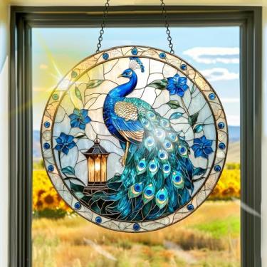 Imagem de Acrílico colorido, apanhador de sol, decoração de janela suspensa de pavão, arte de parede de arco-íris, para sala de estar, quarto, varanda, interior e exterior, jardim, enfeites de Natal 19 x 19 cm