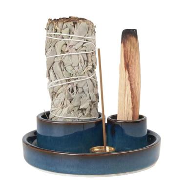 Imagem de Suporte de incenso 4 em 1, bastão de incenso de cerâmica e suporte Palo Santo, suporte de sálvia para queimar - Bandeja coletora de cinzas de cerâmica de 10,8 cm para sala de meditação e ioga (azul)