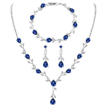 Imagem de Hadskiss Conjuntos de joias de casamento para mulheres/noivas/damas de honra, safira azul zircônia cúbica colar brincos pulseira conjunto banhado a ouro branco 18K joias hipoalergênicas para festa de