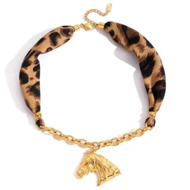 Imagem de Izpack Colar feminino punk de cabeça de cavalo com estampa de leopardo, lenço de seda - Corrente de elos de animal banhada a ouro 18 K, colar ajustável, colar, gargantilha, estilo bandana boho