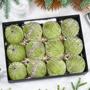Imagem de Hismir Enfeites de árvore de Natal de veludo de 8,5 cm, conjunto de 12 bolas de Natal a granel com padrão dourado pintado à mão, enfeites de plástico inquebráveis para pendurar para guirlanda de
