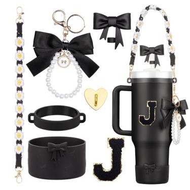Imagem de Rabrgab Conjunto de acessórios para copos Stanley pretos de 7 peças – topo de palha com laço, pingente de laço fofo, bota de silicone com design de laço, alça de alça de garrafa de água e adesivo de