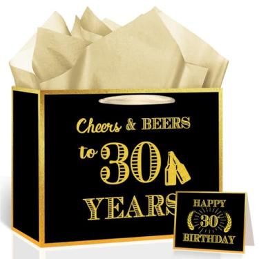 Imagem de Woosytoo Bolsa de presente de aniversário de 30 anos para homens – Cheers and Beers to 30 Years Grande Bolsa de presente preta e dourada com papel de seda e cartão comemorativo – Decorações de festa