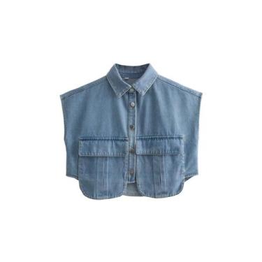 Imagem de Camisa Perbai Cropped Denim sem mangas feminina azul claro tamanho L