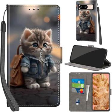Imagem de Capa carteira para Google Pixel 8, com [3 compartimentos para cartão], fecho magnético com suporte, couro PU, capa flip protetora à prova de choque 15.7 cm 2023, gato