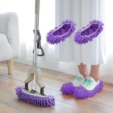 Imagem de Pantufas de esfregão, macia, lavável, reutilizável, de microfibra, limpeza de casa, capa de sapato espanador para banheiro, escritório, cozinha, polimento de casa, Roxa, One Size Women/One Size Men