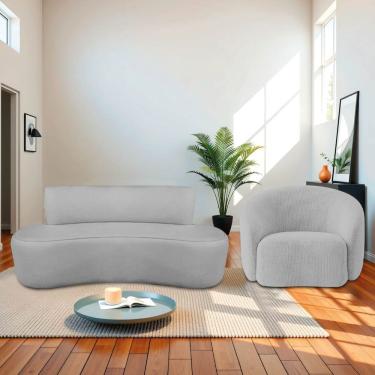 Imagem de Kit Recamier Curvo Amsterdã 140cm E Poltrona Amore Luxo Linho Cor Cinza Claro