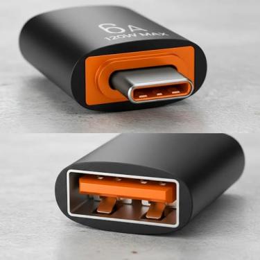 Imagem de Adaptador OTG Tipo-C Para USB Carga e Dados Fast 120W 6A Max Para Teclados, Mouses, Pendrives, Controles de Video Game, Etc... (Preto/Laranja)