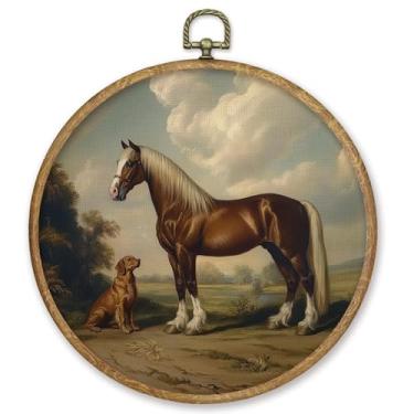 Imagem de CGBHW Decoração de parede redonda de cavalo e cachorro vintage, impressões em tela de cavalo rústico de fazenda emoldurada, arte de parede de animais cottagecore decoração para decoração de casa