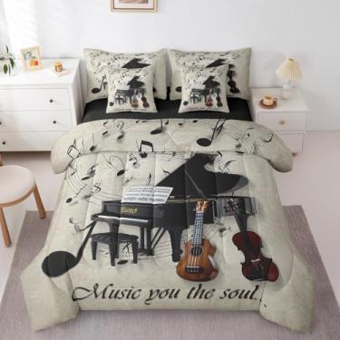 Imagem de Erosebridal Conjunto de edredom de 7 peças para piano e guitarra, cama de solteiro em uma bolsa, conjunto de cama com notas musicais para crianças, adolescentes e meninas. Lençóis temáticos de música