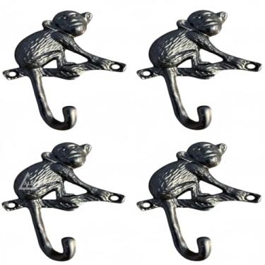 Imagem de Conjunto de 4 ganchos de ferro fundido em forma de macaco para decoração de arte de parede - cabides em forma de macaco e porta-chaves - cabide de roupas e mochila - ganchos para casaco, decoração de