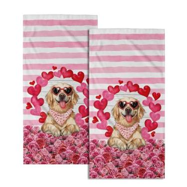 Imagem de Giwawa Conjunto de 2 toalhas de mão de cachorro de coração rosa romântico floral macio com ponta de dedo pano de prato absorvente para banheiro, cozinha, hotel, spa, decoração de casa