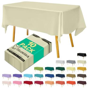 Imagem de Hereisa Toalha de mesa descartável de plástico marfim 137 x 272 cm, capa de mesa retangular impermeável de 10 unidades para eventos, catering