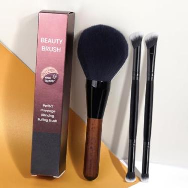 Imagem de Conjunto de pincéis de maquiagem de 3 peças, adequado para blush e sombra. Os pincéis de maquiagem multifuncionais são adequados para realçar e contornar (preto)