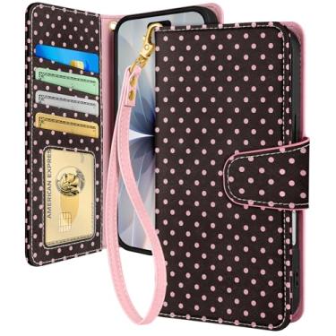 Imagem de Toycamp Capa carteira para iPhone 17 com alça de pulso - Capa de telefone flip de couro com bloqueio RFID 4 porta-cartões para Apple para iPhone 17 Funda Estética fofa para mulheres senhoras, potes de