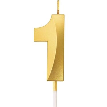 Imagem de Vela de aniversário número 1 dourada, topo de bolo de celebração de aniversário de cera metálica
