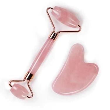 Imagem de Rolo Massageador Facial Quartzo Rosa Gua Sha Jade Anti Rugas - Importa