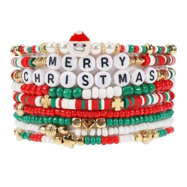 Imagem de SHINUS BOHO Pulseiras femininas com contas de surfista Heishi para o dia de Natal, empilhável, disco de vinil, argila, camadas elásticas, amizade, joias de inverno, presentes, 7.0, Sem Pedra Preciosa