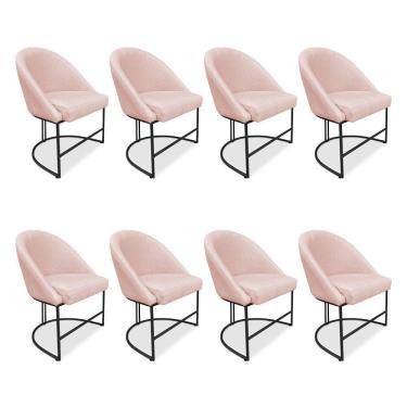 Imagem de Kit 08 Cadeiras Poltrona De Jantar Bela Suede Rosa Bebê Base Metálica Industrial Preto - Pallazio