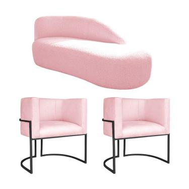 Imagem de Kit Divã Luna 185cm Lado Direito E 02 Poltronas Base De Ferro Preto Suede Rosa Bebê