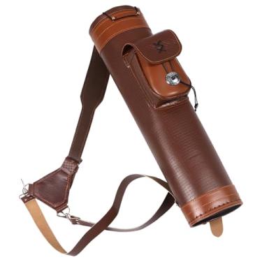 Imagem de Aljava para tiro com arco de couro PU, cilíndrica, alça ajustável, fivela de metal, arco composto, caça, marrom escuro