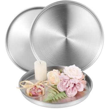 Imagem de 3 bandejas redondas de aço inoxidável, travessas decorativas para penteadeira, servir, organizar joias, velas, perfumes e cosméticos