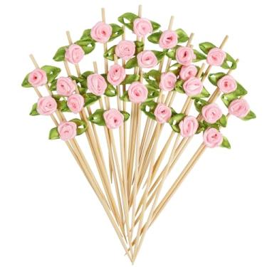 Imagem de 200 palitos de rosa para coquetéis palitos longos de flores para aperitivos, espetos de bambu para alimentos, frutas e bebidas (rosa)