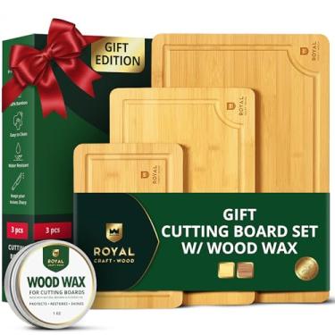 Imagem de ROYAL CRAFT WOOD Conjunto de presente de tábua de corte de bambu – Tábuas de madeira reversíveis de 3 peças com sulco profundo e alças – Blocos de charcutaria e açougueiro premium para cozinha