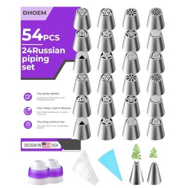 Imagem de Conjunto de 54 pontas de confeitar russas, 24 bicos de cobertura de flores, kit de decoração de bolos, 4 pontas de folhas, 4 acopladores e 20 sacos descartáveis para suprimentos de panificação para