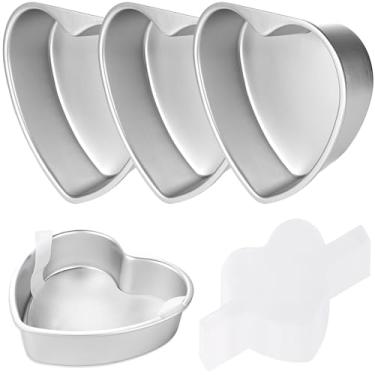 Imagem de Conjunto de 4 formas de bolo em forma de coração com 100 peças de papel para assar, liga de alumínio, antiaderente, formas de assar, de base fixa, para aniversário, dia dos namorados, festa de
