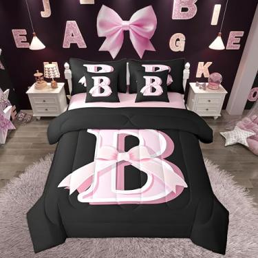 Imagem de jejeloiu Conjunto de edredom infantil com laço preto e rosa, tamanho casal, monograma, 7 peças, com inicial B personalizada, em uma bolsa com edredom, lençóis, fronhas, moderno