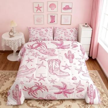 Imagem de Manfei Conjunto de cama casal com bota, estilo costeiro, estrela-do-mar, para meninos e meninas, decoração de quarto de cacto do sudoeste, conjunto de edredom macio, 3 peças, conjunto de colcha com 2