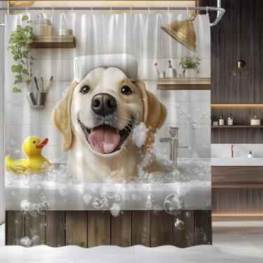 Imagem de HWSSHW Cortina de chuveiro de cachorro engraçada fofa de borracha pato na banheira com folhas de plantas verdes conjunto de cortina de banheiro com ganchos