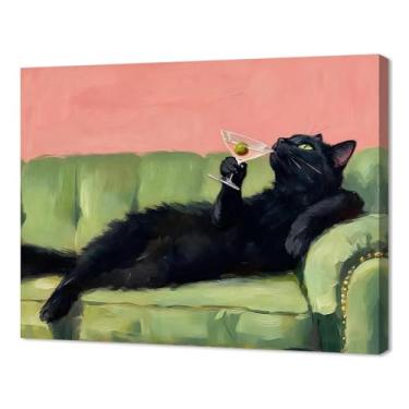Imagem de Kercan Arte de parede em tela de gato preto, pinturas engraçadas de decoração de parede de banheiro, 15,7 × 30 cm vintage gato dormindo decoração de casa para sala de estar quarto banheiro emoldurado