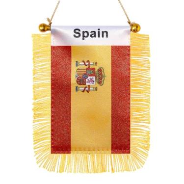 Imagem de JBSJBS Bandeira pendurada da Espanha mini bandeiras espanholas pequenas para janela de carro banners decoração de espelho retrovisor bandeiras da Espanha com ventosa com franjas douradas dupla face