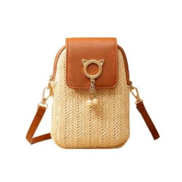 Imagem de Bolsa tiracolo feminina de palha, bolsa para celular de ráfia bege com franja de pérola e alça ajustável