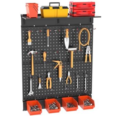 Imagem de TORACK Pegboard de metal de garagem com acessórios, placa organizadora de ferramentas com ganchos de Pegboard, caixas montadas na parede, Pegboards de armazenamento de ferramentas para parede (preto)
