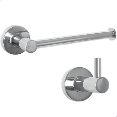 Imagem de Dona D Cor, Kit Suporte Banheiro Lavabo Porta Papel Higienico e Gancho Cabideiro Metal Inox Acessório de Parede Cromado Brilhoso Porta Toalha Pendurador Papeleira