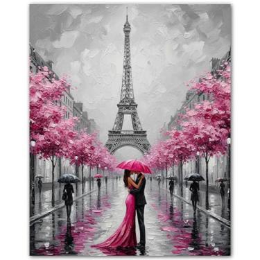 Imagem de Romance in Paris Rain - Pôster da Torre Eiffel 20 x 25 cm para decoração de quarto de menina adolescente - Arte de parede de Paris rosa e cinza para banheiro, escritório ou estúdio - Arte temática